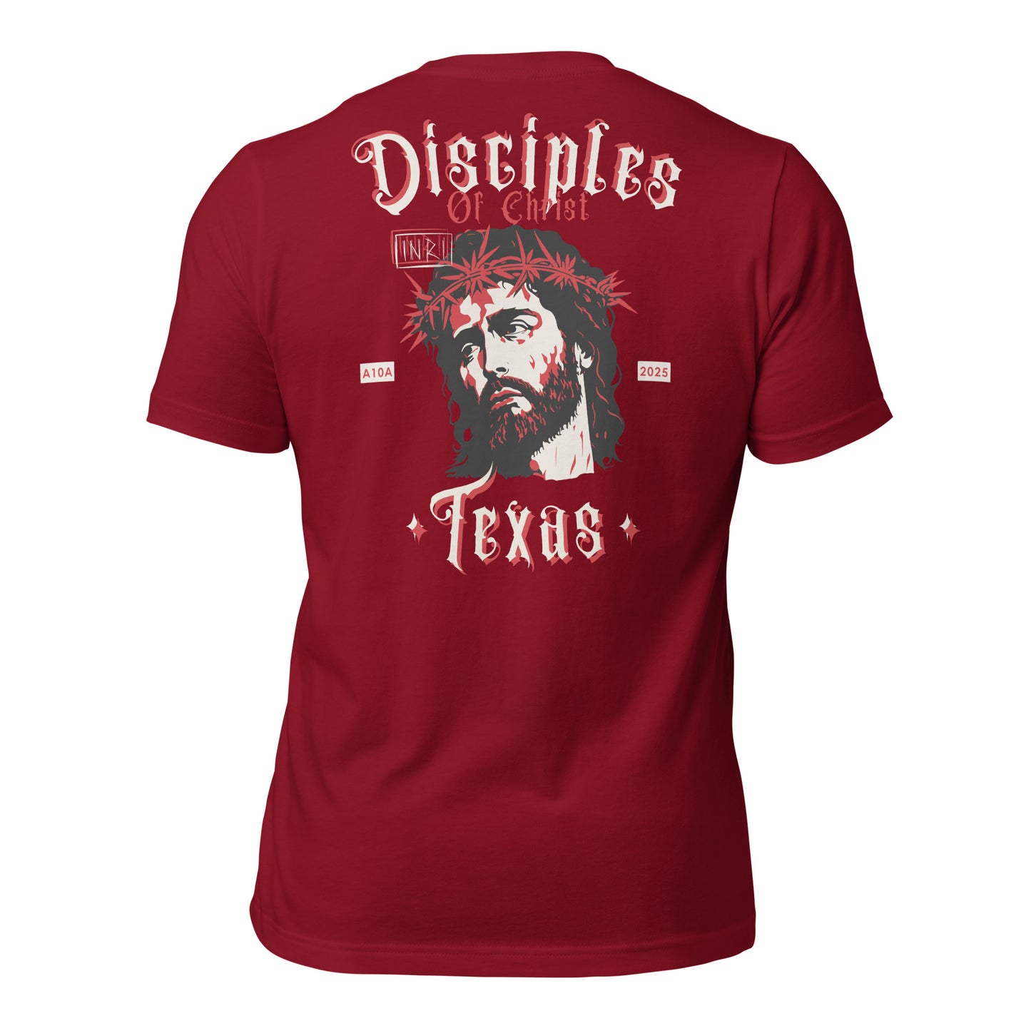 The back view of a red Disciples of Christ Christian t-shirt by ANGELS 10 APPAREL LLC, emphasizing a bold design featuring Jesus. Ideal for fans of Christian apparel, faith-based clothing, Texas bikers, and Christian veterans.