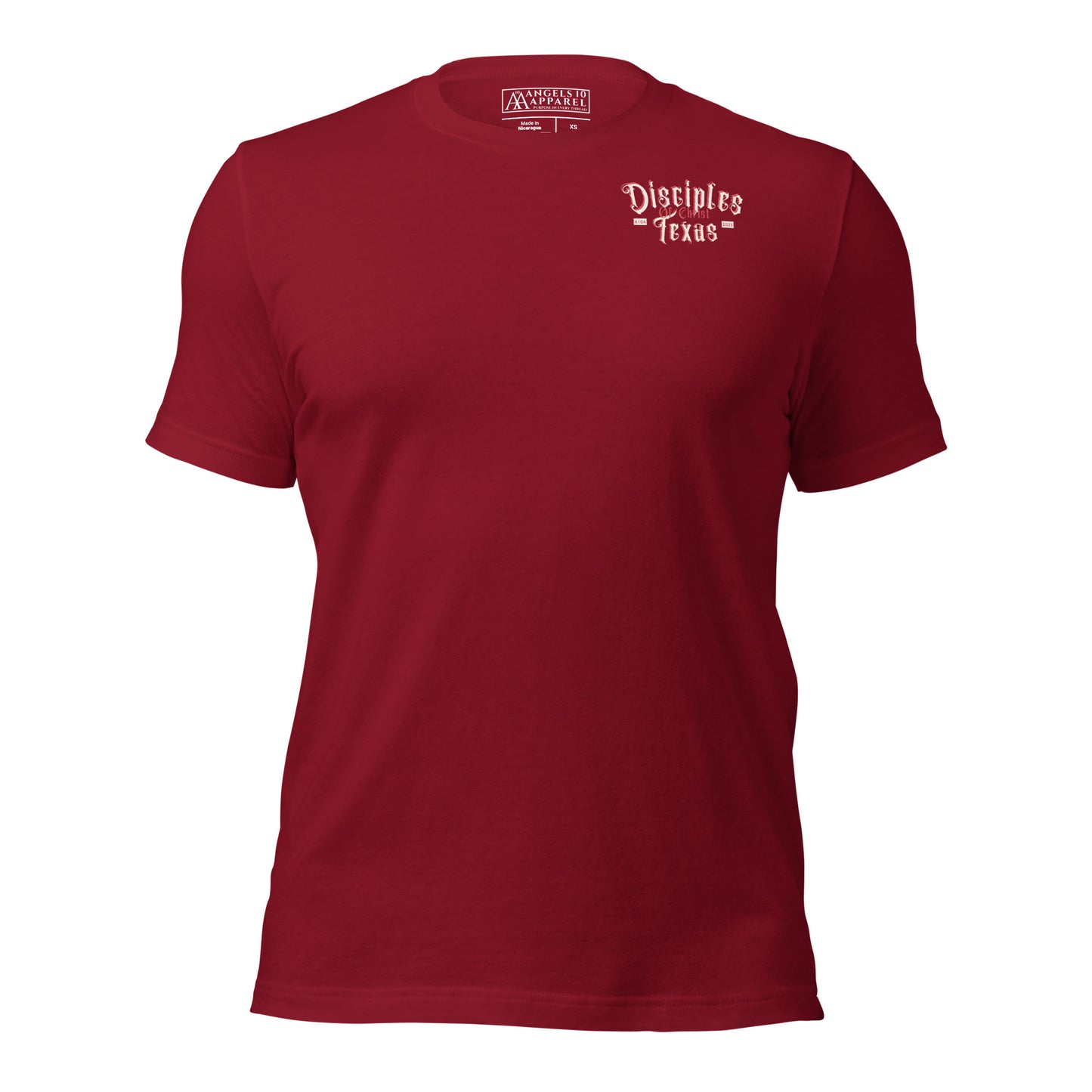 Red Disciples of Christ Christian t-shirt by ANGELS 10 APPAREL LLC featuring 'Disciples Texas' text on the front. A stylish choice for those into Christian apparel, faith-based clothing, Texas bikers, and Christian veterans.
