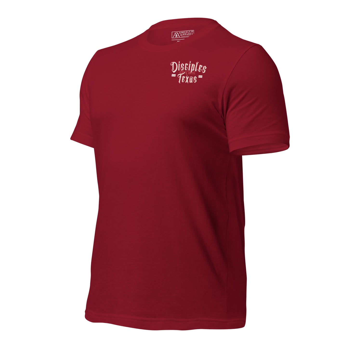 A red Disciples of Christ Christian t-shirt by ANGELS 10 APPAREL LLC, highlighting the logo. Perfect for lovers of Christian apparel, faith-based clothing, Texas bikers, and Christian veterans.