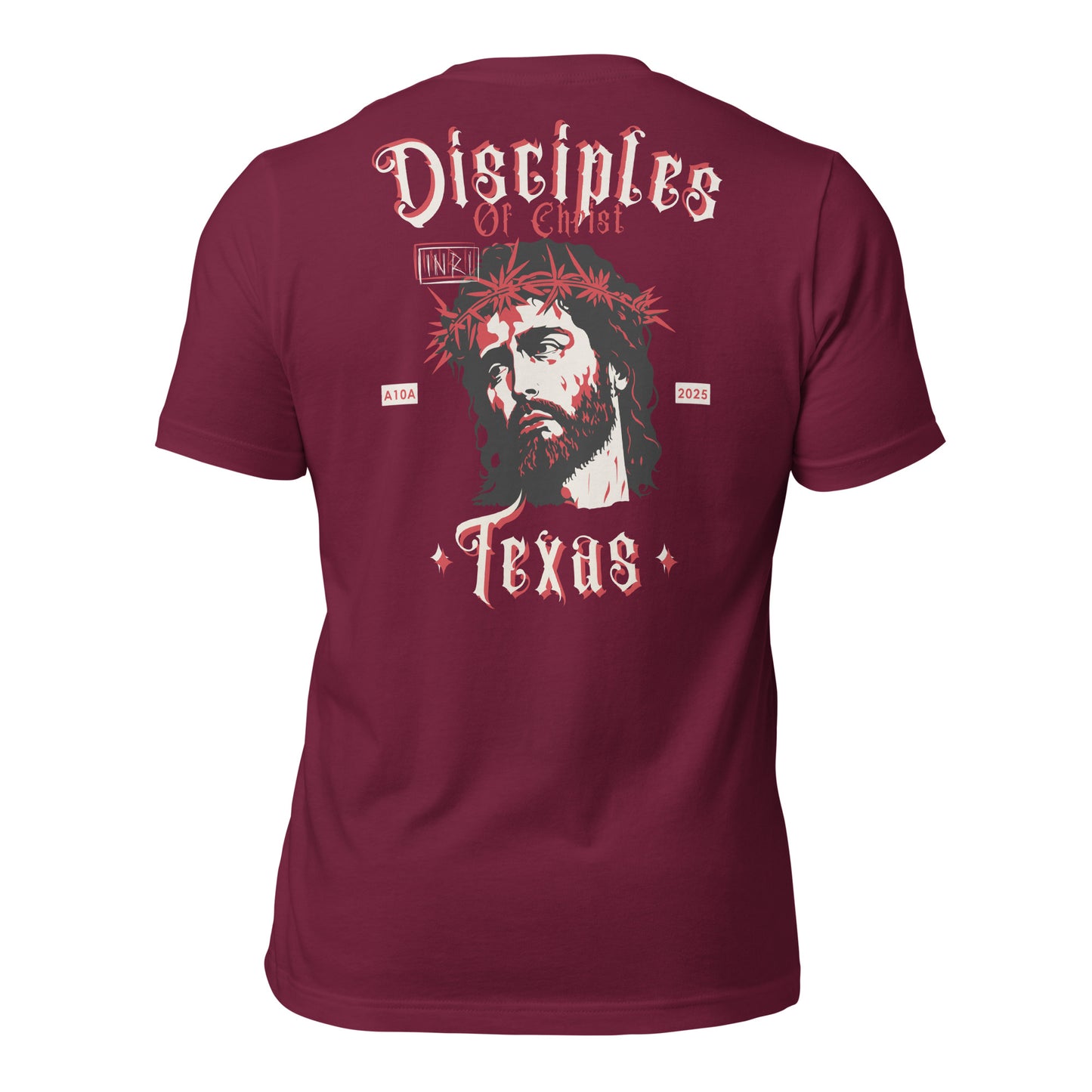 The back view of a maroon Disciples of Christ Christian t-shirt by ANGELS 10 APPAREL LLC, highlighting a striking image of Jesus. A must-have for fans of Christian apparel, faith-based clothing, Texas bikers, and Christian veterans.