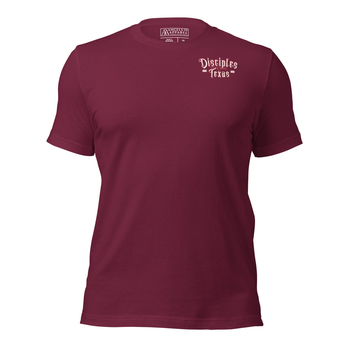 Maroon Disciples of Christ Christian t-shirt by ANGELS 10 APPAREL LLC, displaying the 'Disciples Texas' logo at the front. Great for fans of Christian apparel, faith-based clothing, Texas bikers, and Christian veterans.