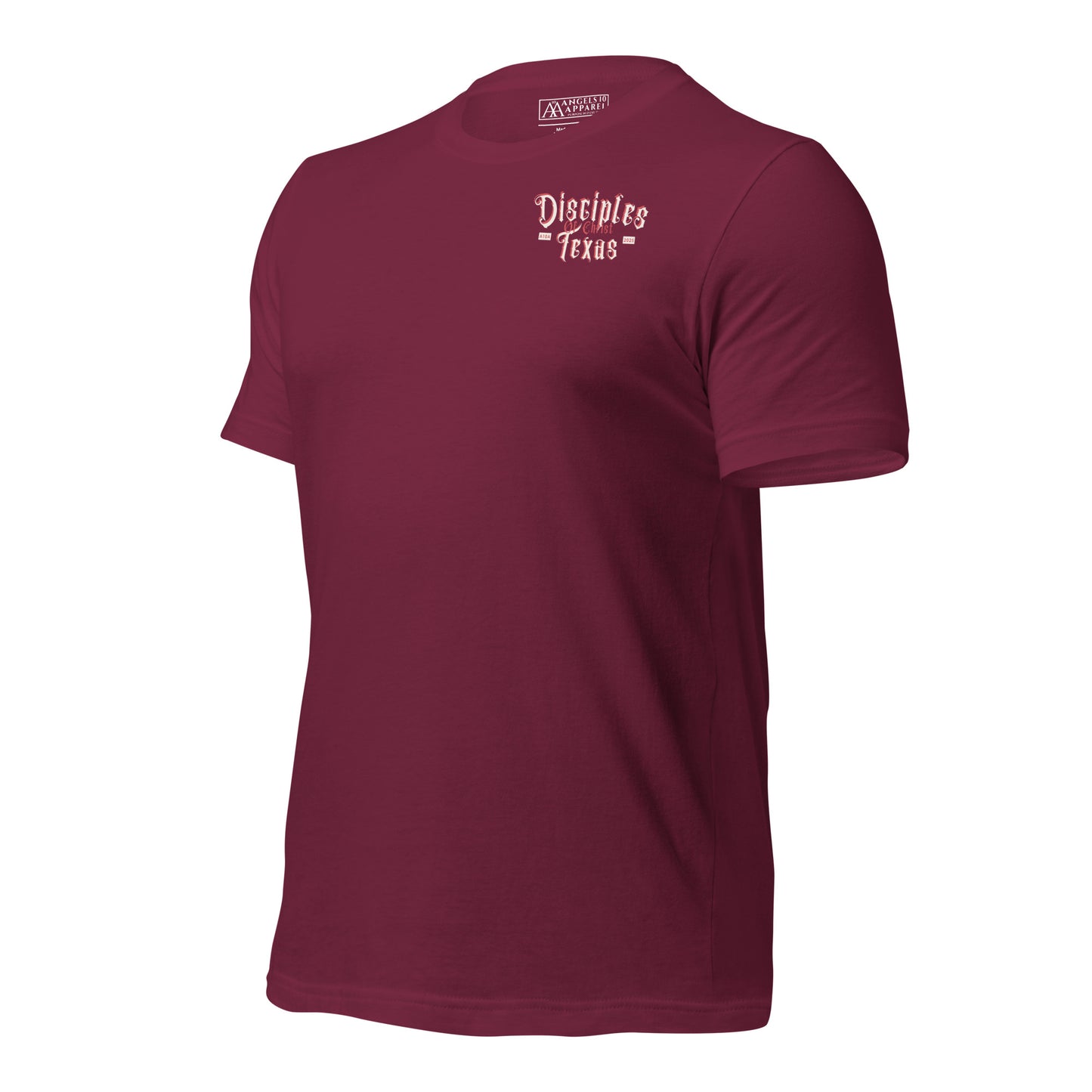Side view of a maroon Disciples of Christ Christian t-shirt by ANGELS 10 APPAREL LLC, focusing on the high-quality material. Suitable for enthusiasts of Christian apparel, faith-based clothing, Texas bikers, and Christian veterans.