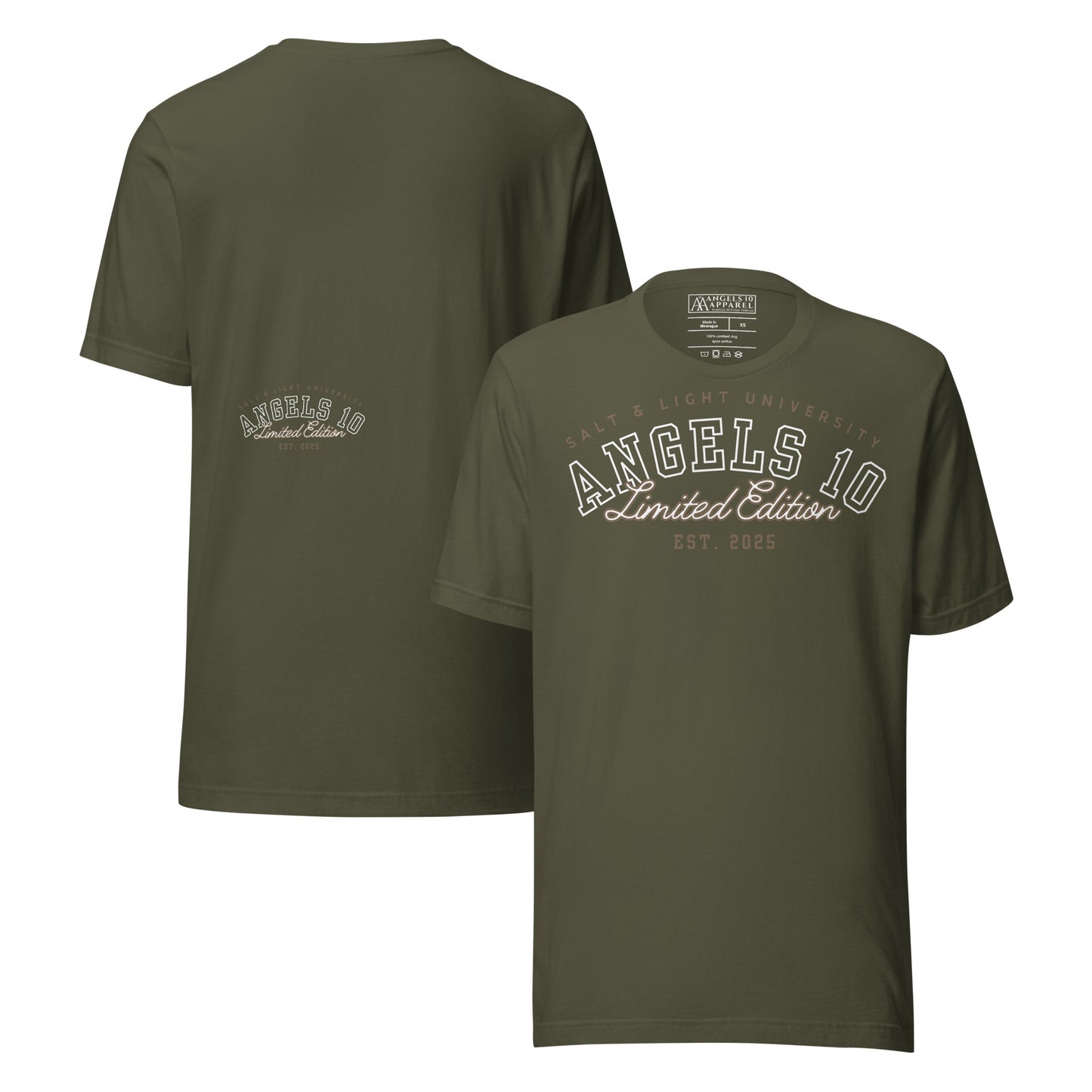 Salt & Light Premium Quality Unisex T-Shirt for Christian Discipleship & Faith in olive green, perfect for college wear. This stylish tee embodies the values of Christian faith, reminding wearers to be the salt & light of the world during their discipleship journey.