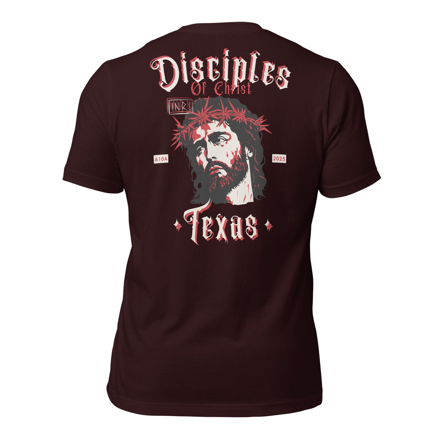 The back view of a maroon Disciples of Christ Christian t-shirt by ANGELS 10 APPAREL LLC, showcasing a striking design. Great for enthusiasts of Christian apparel, faith-based clothing, Texas bikers, and Christian veterans.