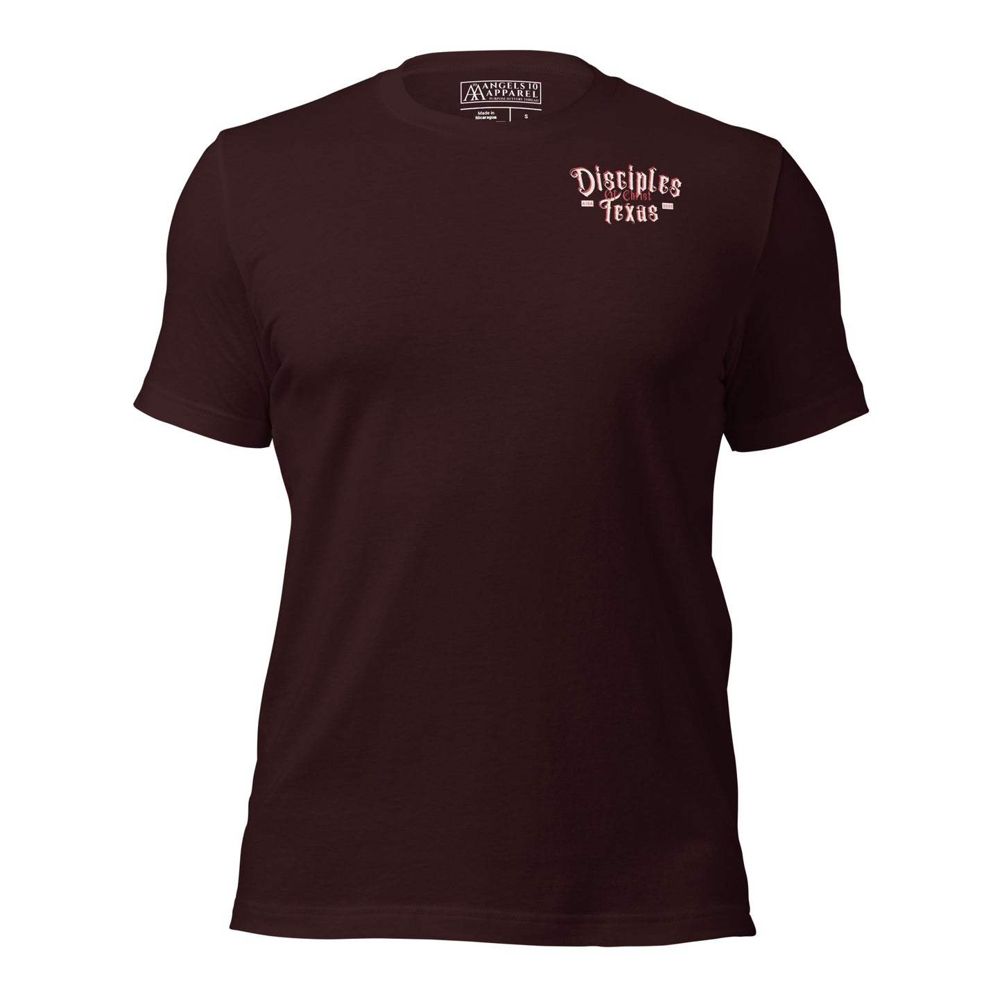 Maroon Disciples of Christ Christian t-shirt by ANGELS 10 APPAREL LLC, displaying the 'Disciples Texas' logo. Perfect choice for those into Christian apparel, faith-based clothing, Texas bikers, and Christian veterans.