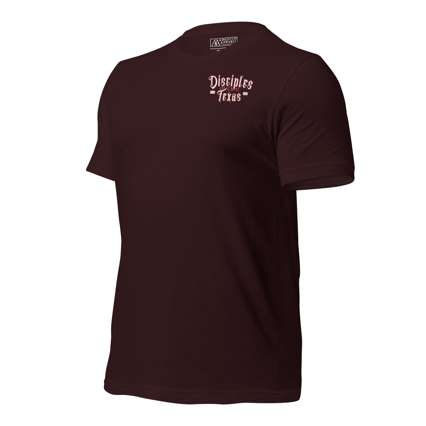 Maroon Disciples of Christ Christian t-shirt by ANGELS 10 APPAREL LLC in a casual scene, emphasizing its quality. Ideal for fans of Christian apparel, faith-based clothing, Texas bikers, and Christian veterans.