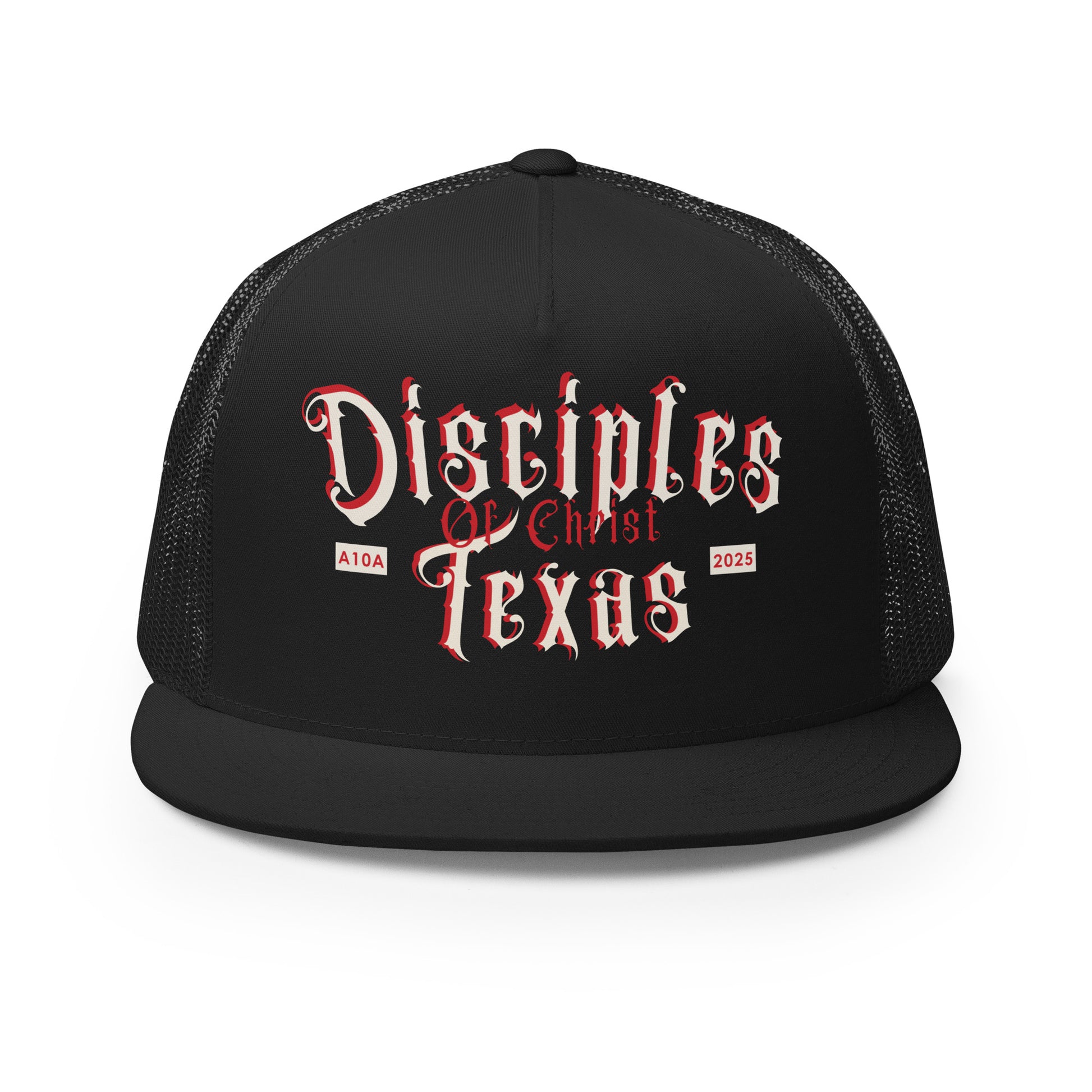 Front view of the Disciples of Christ Texas Christian Trucker Cap by ANGELS 10 APPAREL LLC, designed for those proud of their faith and Christian heritage like Christian Veterans.