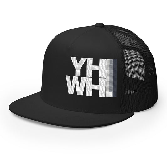 YHWH Unisex Trucker Cap featuring a structured fit and embroidered design, perfect for expressing your christian faith and style. This veteran-owned small business offers a fashionable way to support your beliefs.