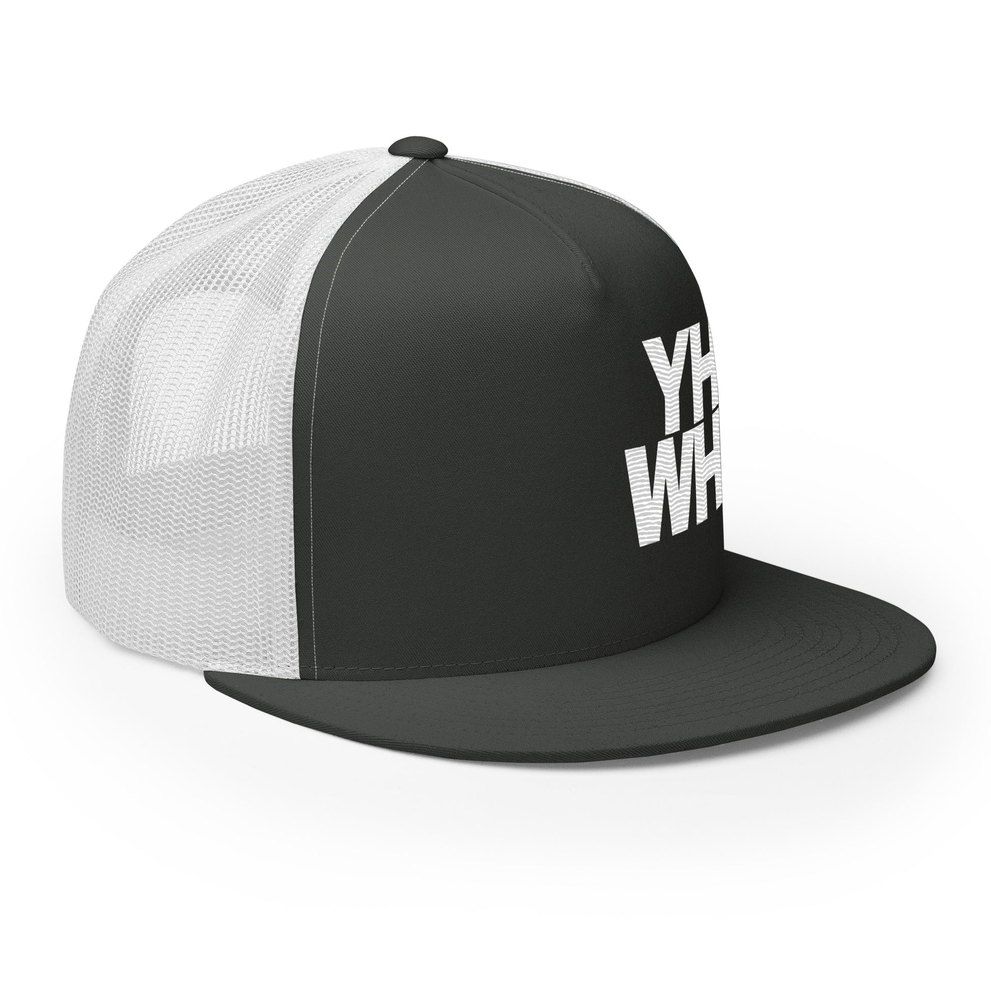 Side view of the YHWH Unisex Trucker Cap, emphasizing its unique design and comfortable mesh-back option. Ideal for anyone wanting to make a statement about their faith and support veteran owned small businesses.