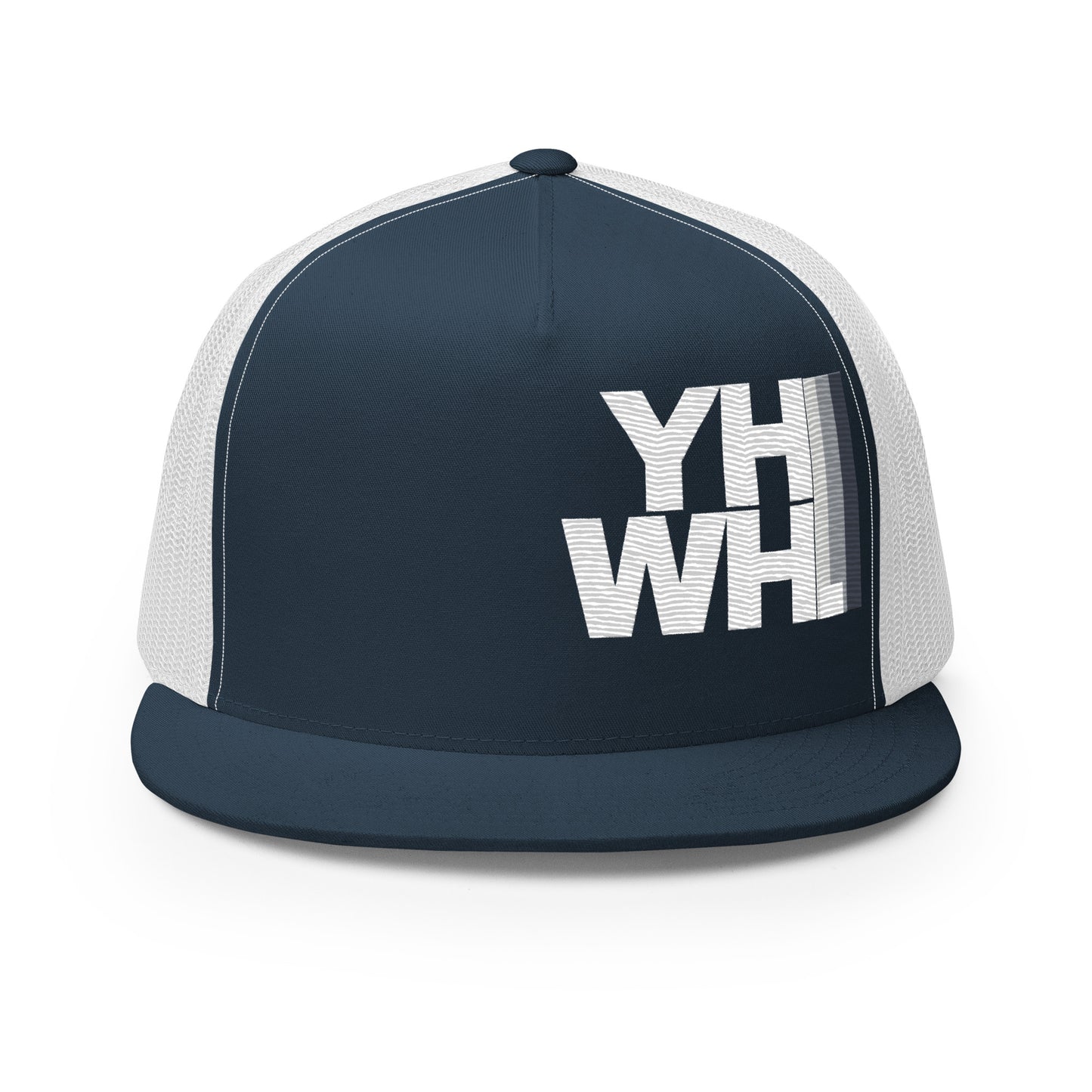 YHWH Unisex Trucker Cap in navy blue featuring embroidered design, perfect for expressing your faith and style. Support a veteran-owned small business while showcasing your commitment to faith.