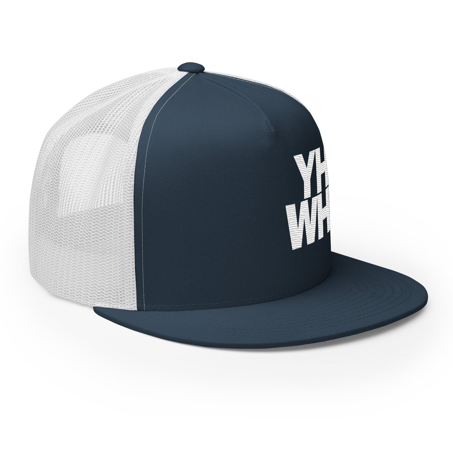 Side view of YHWH Unisex Trucker Cap in navy blue with mesh-back option, ideal for blending style with your Christian beliefs. Support a small business and honor your faith.