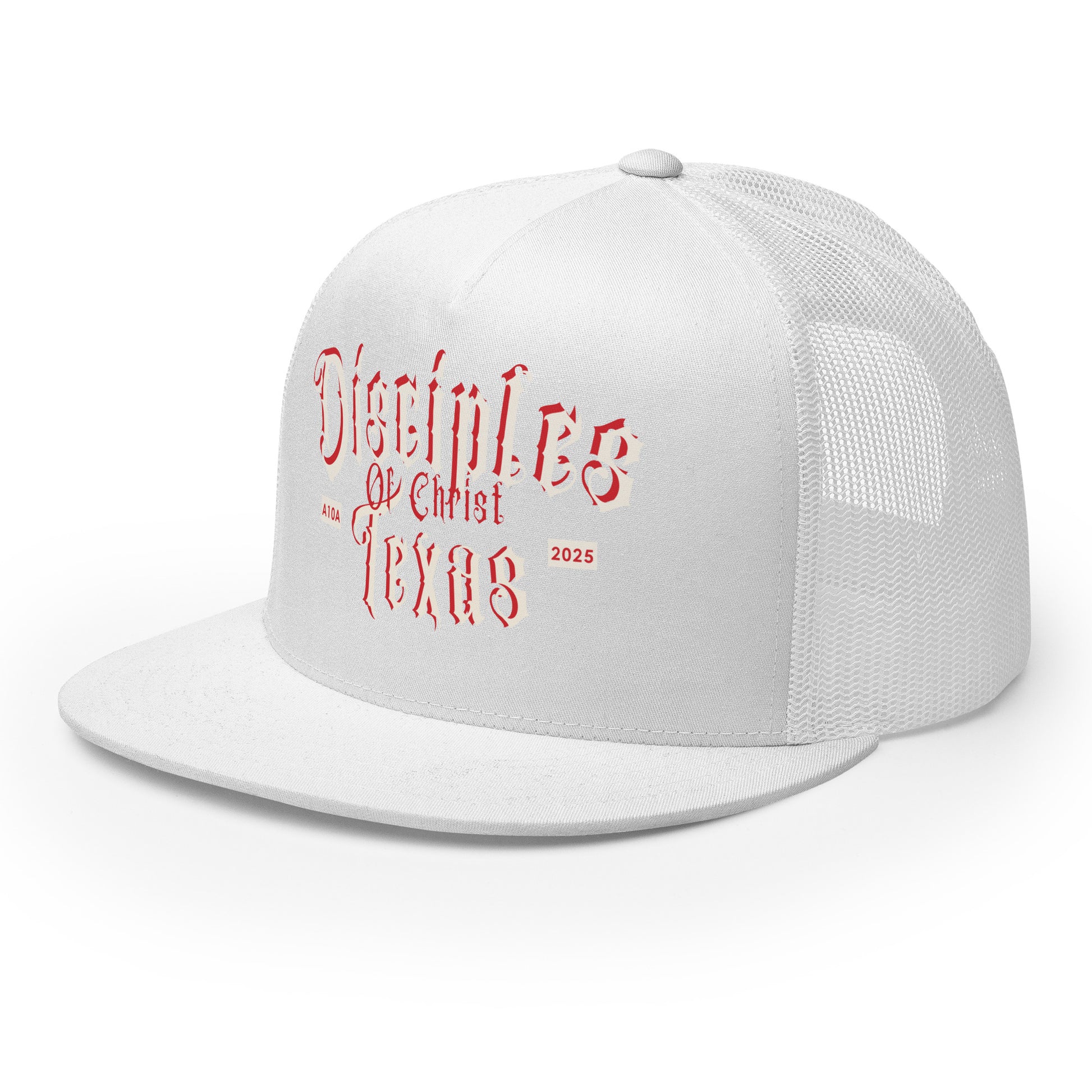 Side view of the white Disciples of Christ Texas Christian Trucker Cap by ANGELS 10 APPAREL LLC, a fresh take on Christian Apparel for Christian Veterans.
