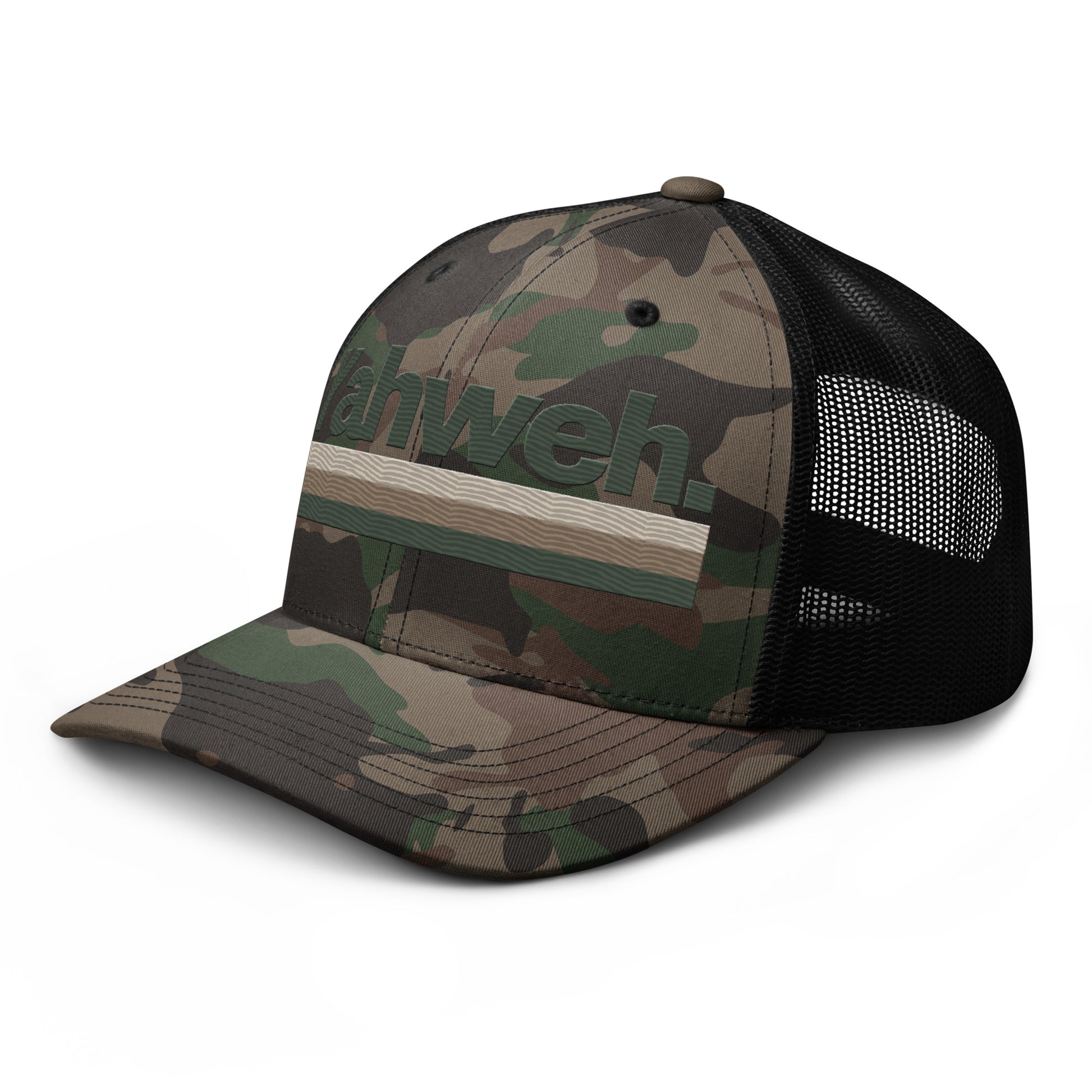Side view of the YHWH Camouflage Trucker Hat for Men, combining trendy design with a message of faith and support for veteran-owned businesses.