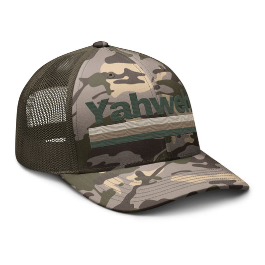 YHWH Camouflage Trucker Hat for Men - Structured Snapback with Embroidered Design, featuring a stylish camouflage pattern. A perfect choice for expressing your faith and style while supporting a veteran owned small business.