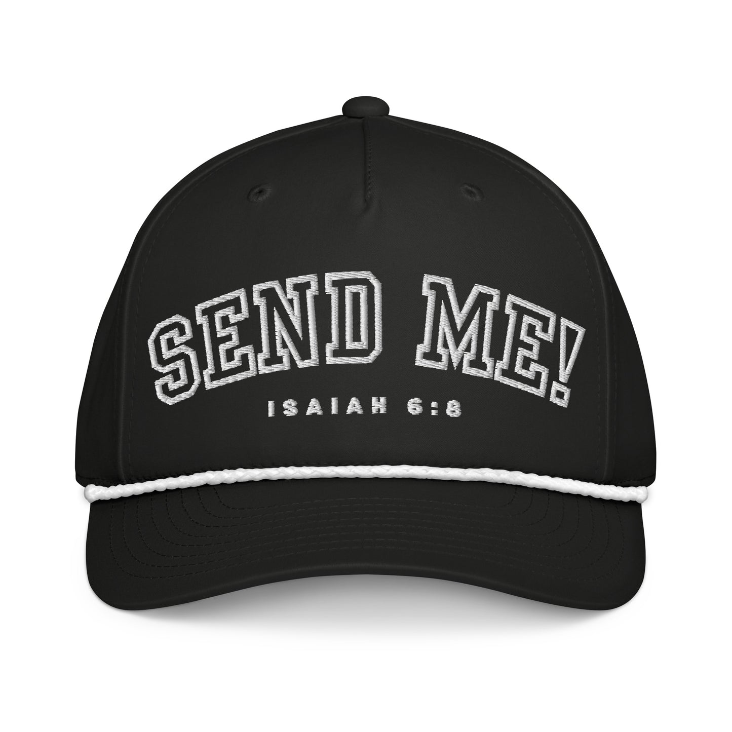 Men's Premium Golf Rope Hat showcasing the message 'Send Me!' based on Isaiah 6:8. A bold and stylish way to express your faith while on the golf course. Perfect for those who believe in their mission and purpose. Christian, faith, believe, premium, veteran owned, small business.