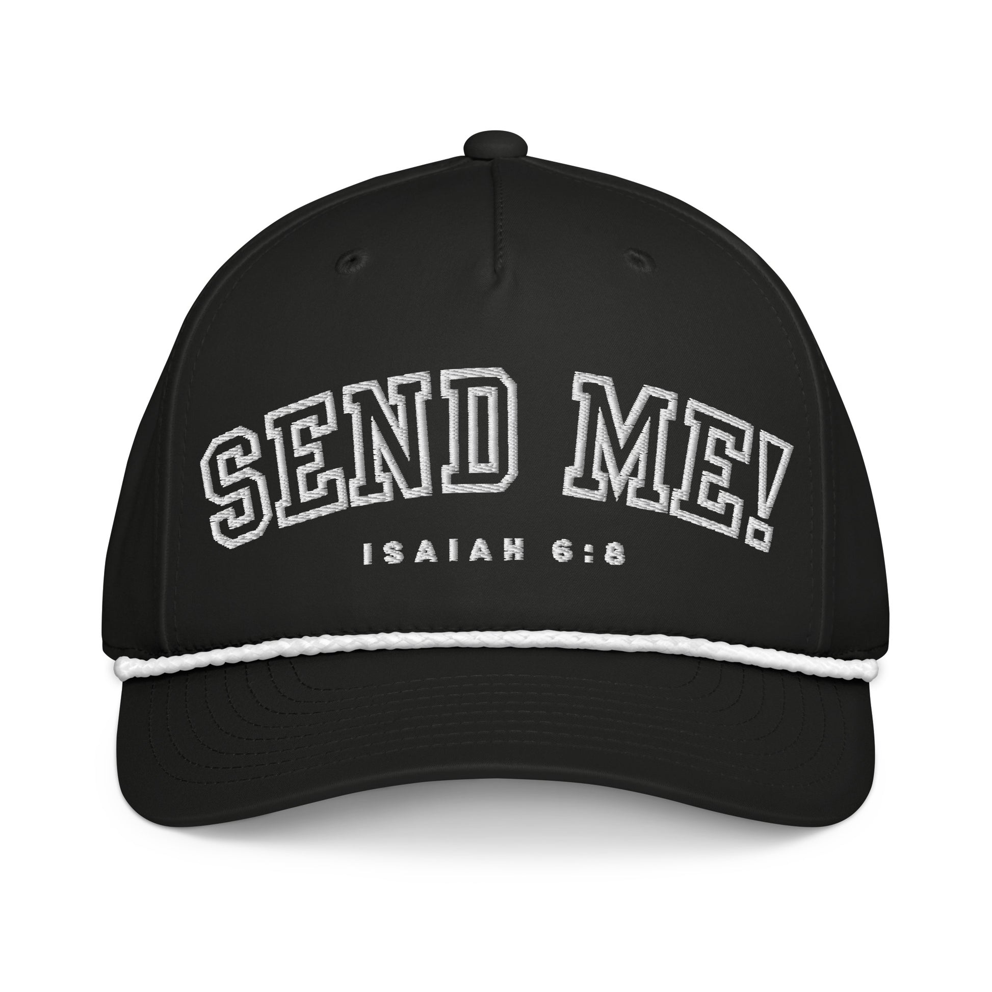 Men's Premium Golf Rope Hat showcasing the message 'Send Me!' based on Isaiah 6:8. A bold and stylish way to express your faith while on the golf course. Perfect for those who believe in their mission and purpose. Christian, faith, believe, premium, veteran owned, small business.