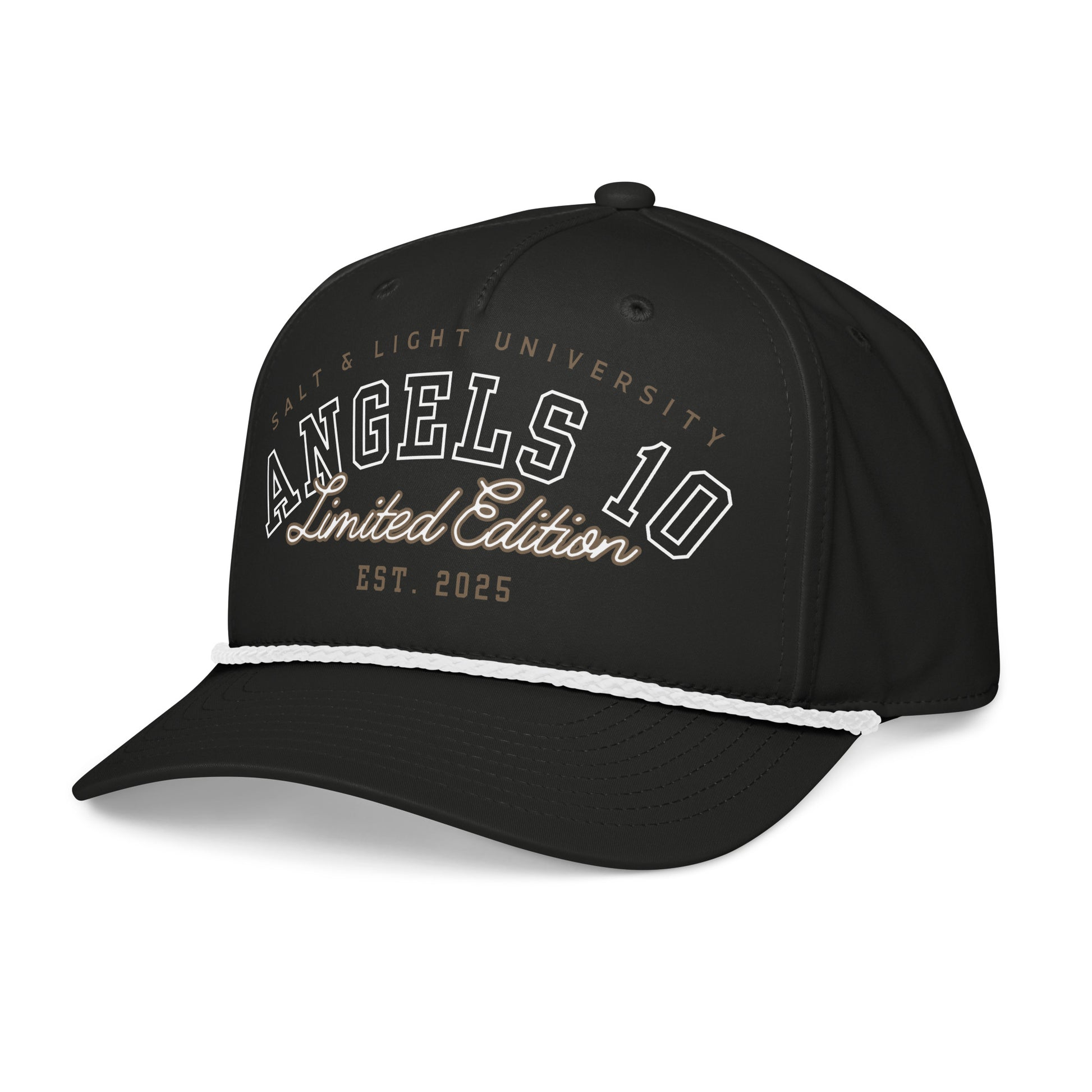 Side profile of the Salt & Light Christian Rope Cap - Premium Quality Unisex Cap highlighting the unique braided rope detail. This cap is perfect for anyone committed to their faith and discipleship, making a bold statement at college or during casual outings, embodying the salt & light of the world.