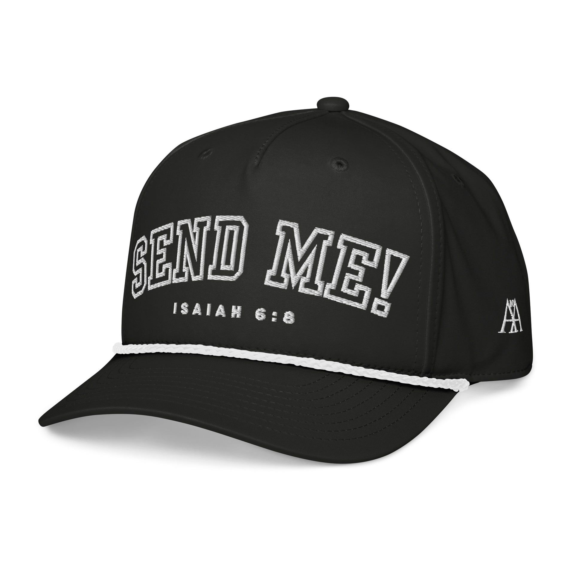 Men's Premium Golf Rope Hat highlighting the impactful message 'Send Me!' from Isaiah 6:8. This hat melds comfort with purpose, inspiring wearers to declare their faith confidently. A must-have for anyone dedicated to living out their beliefs. Christian, faith, believe, premium, veteran owned, small business.