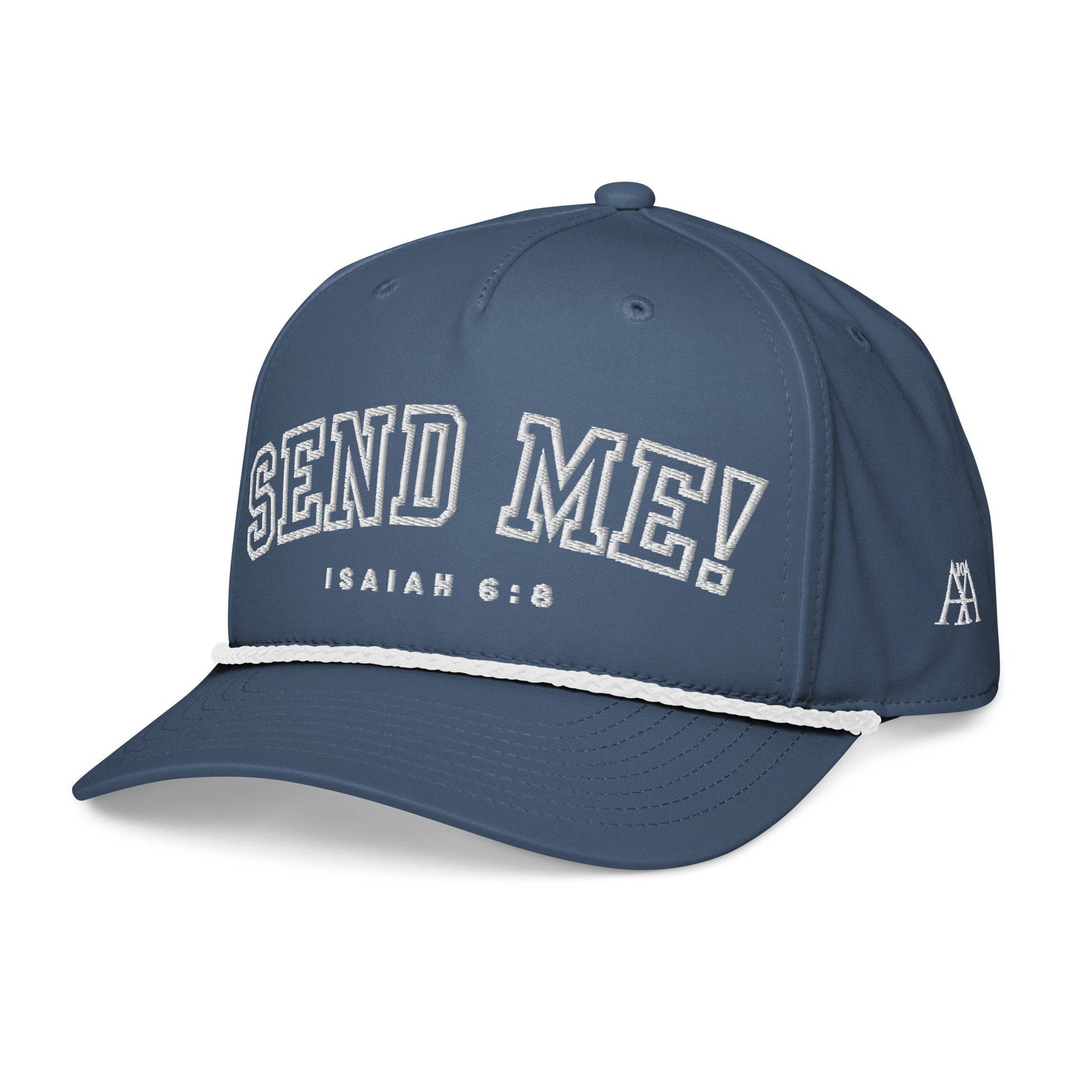 Men's Premium Golf Rope Hat designed with the inspirational message 'Send Me!' from Isaiah 6:8. This hat combines modern style with a faith-inspired purpose, making it a great choice for those committed to their beliefs. Christian, faith, believe, premium, veteran owned, small business.