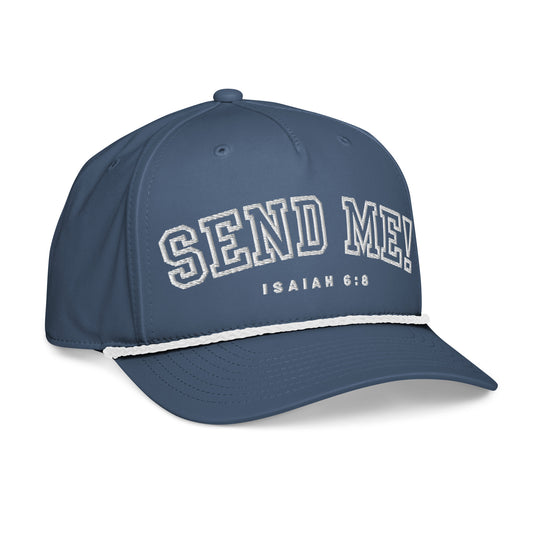 Men's Premium Golf Rope Hat featuring 'Send Me!' from Isaiah 6:8, perfect for expressing your faith and style on the golf course. This premium, faith-inspired cap is proudly from a veteran-owned small business, encouraging you to believe in your purpose.