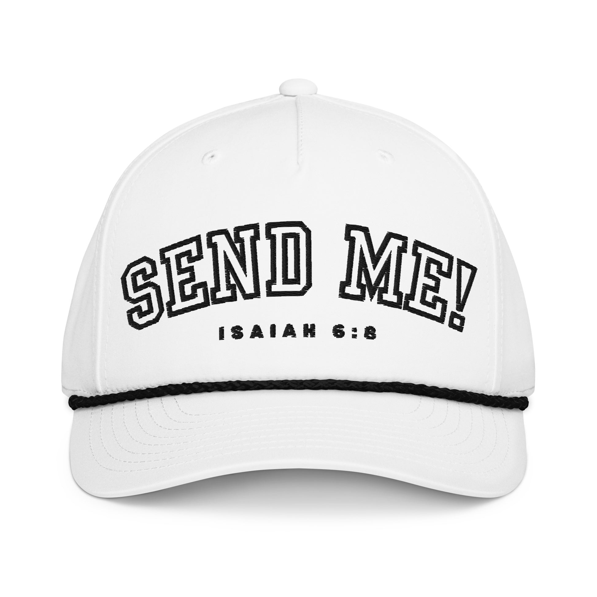 Front view of the Men's Premium Isaiah 6:8 Golf Rope Hat featuring the 'Send Me!' faith statement, designed for men who want to express their belief, proudly made by a premium veteran-owned small business.