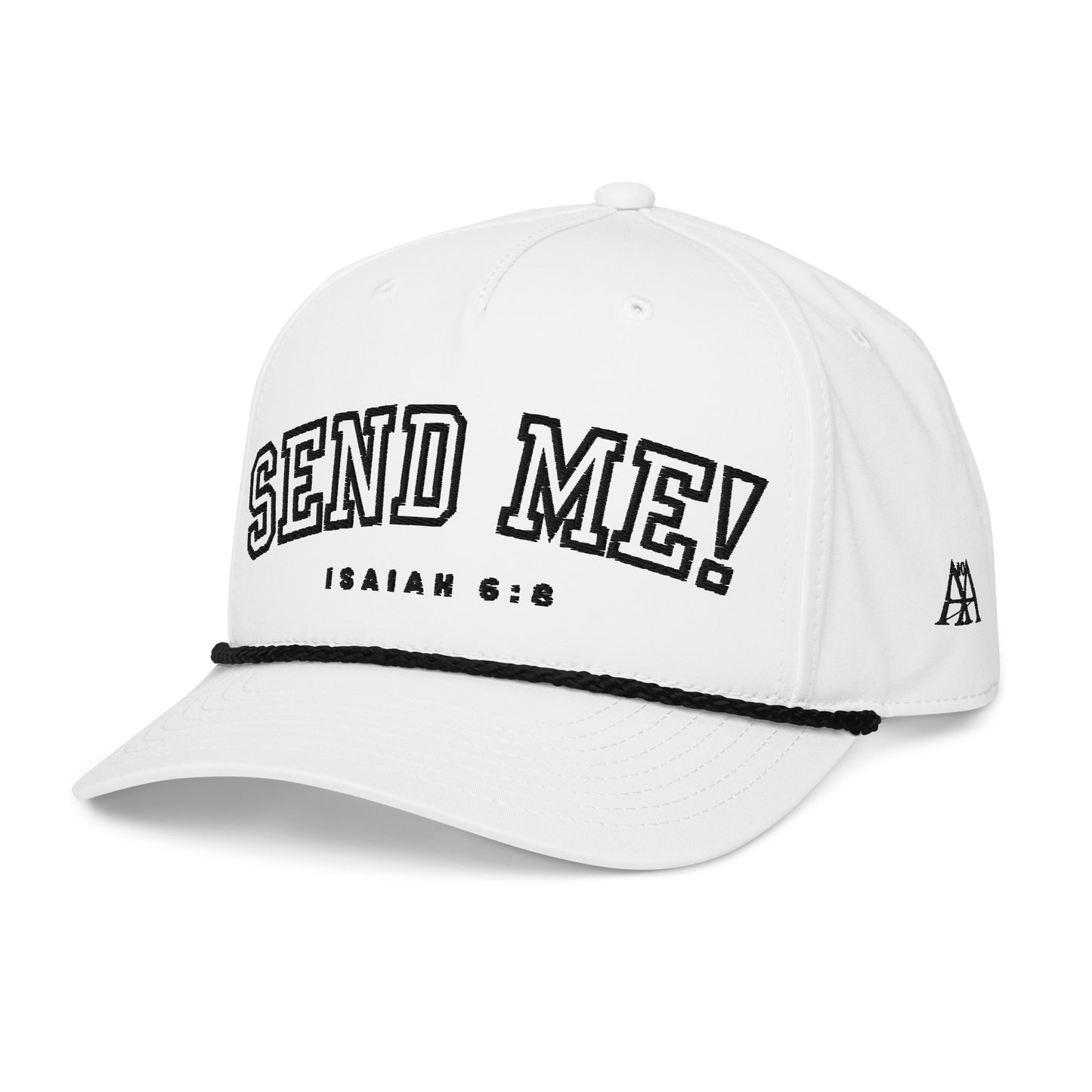 Side profile of the Men's Premium Isaiah 6:8 Golf Rope Hat highlighting the 'Send Me!' embroidery, ideal for those who treasure their faith and support a veteran-owned small business.