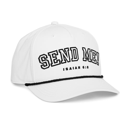 Men's Premium Isaiah 6:8 Golf Rope Hat showcasing the bold 'Send Me!' faith statement, perfect for golf lovers who believe in their faith, crafted by a veteran-owned small business.