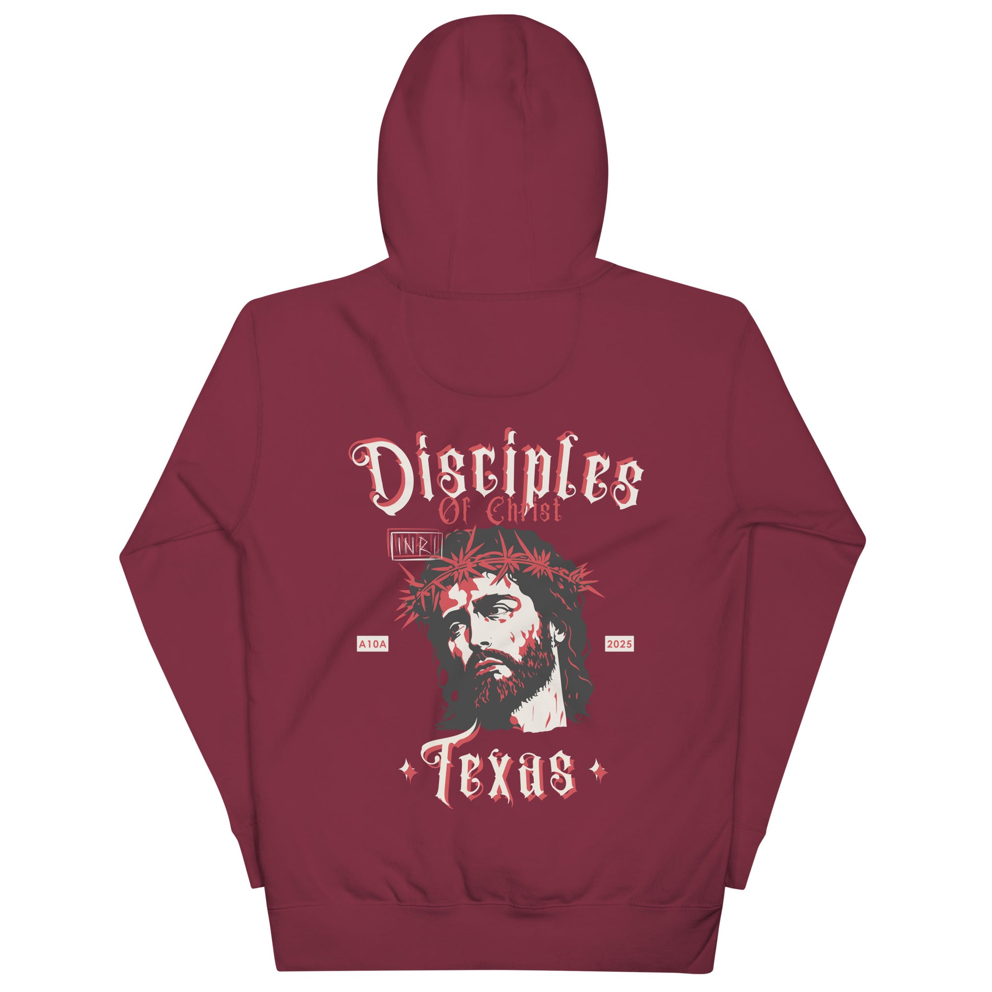 Front view of the maroon Disciples of Christ - Christian Biker Hoodie from ANGELS 10 APPAREL LLC, capturing the essence of faith-based clothing for Christian bikers in Texas.