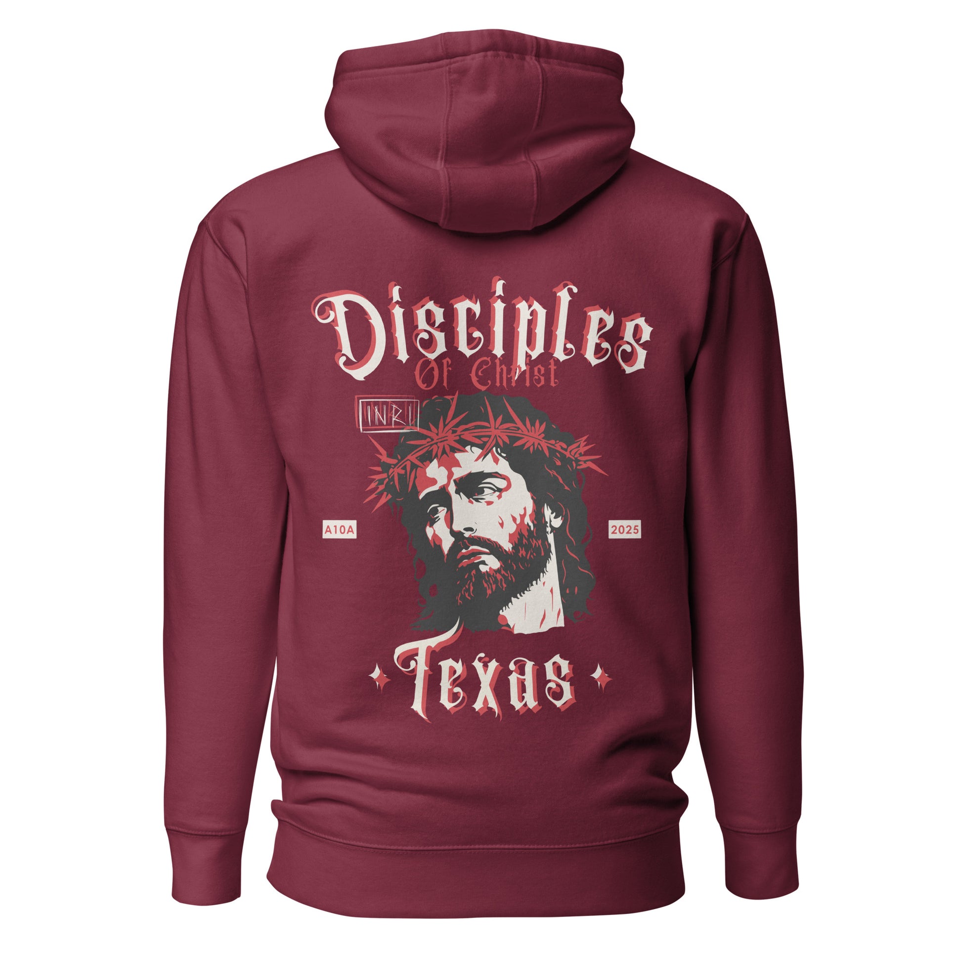 Detailed view of the graphic design on the maroon Disciples of Christ - Christian Biker Hoodie by ANGELS 10 APPAREL LLC, perfect for Christian bikers and faith-based clothing enthusiasts.