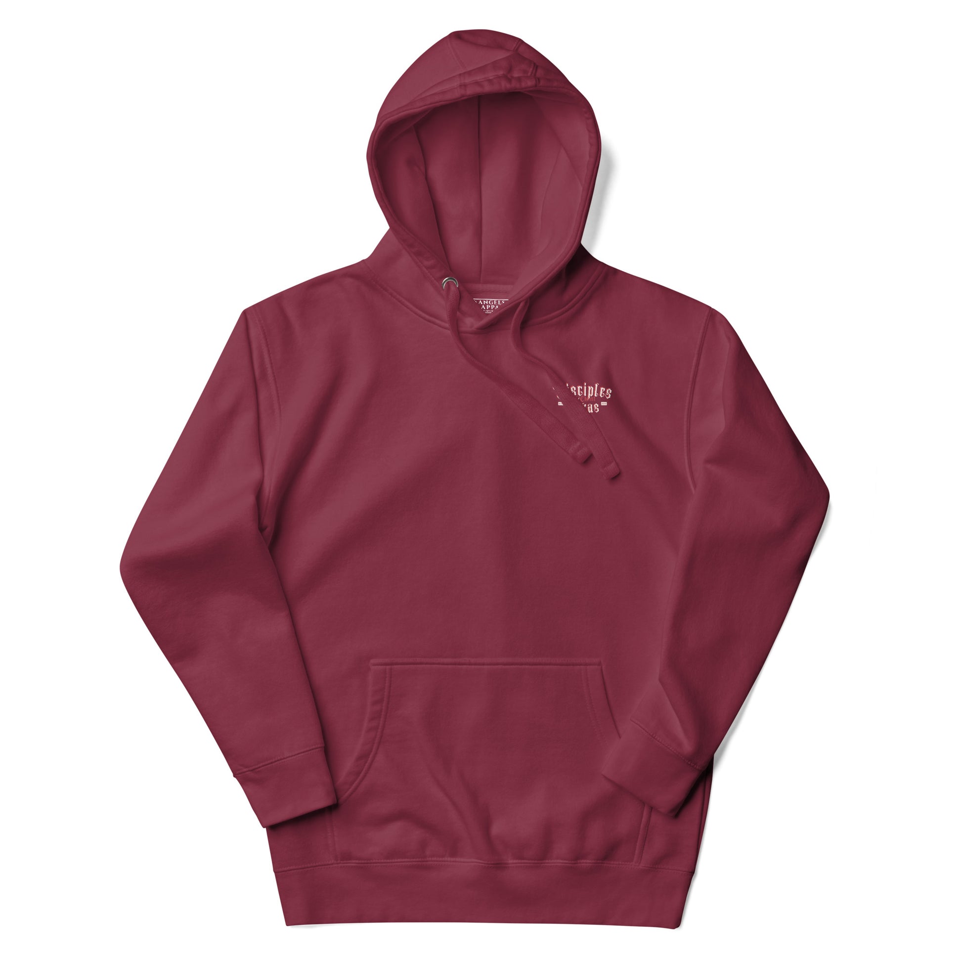 Detailed view of the graphic on the maroon Disciples of Christ - Christian Biker Hoodie from ANGELS 10 APPAREL LLC, appealing to Christian bikers and faith-inspired fashion lovers in Texas.