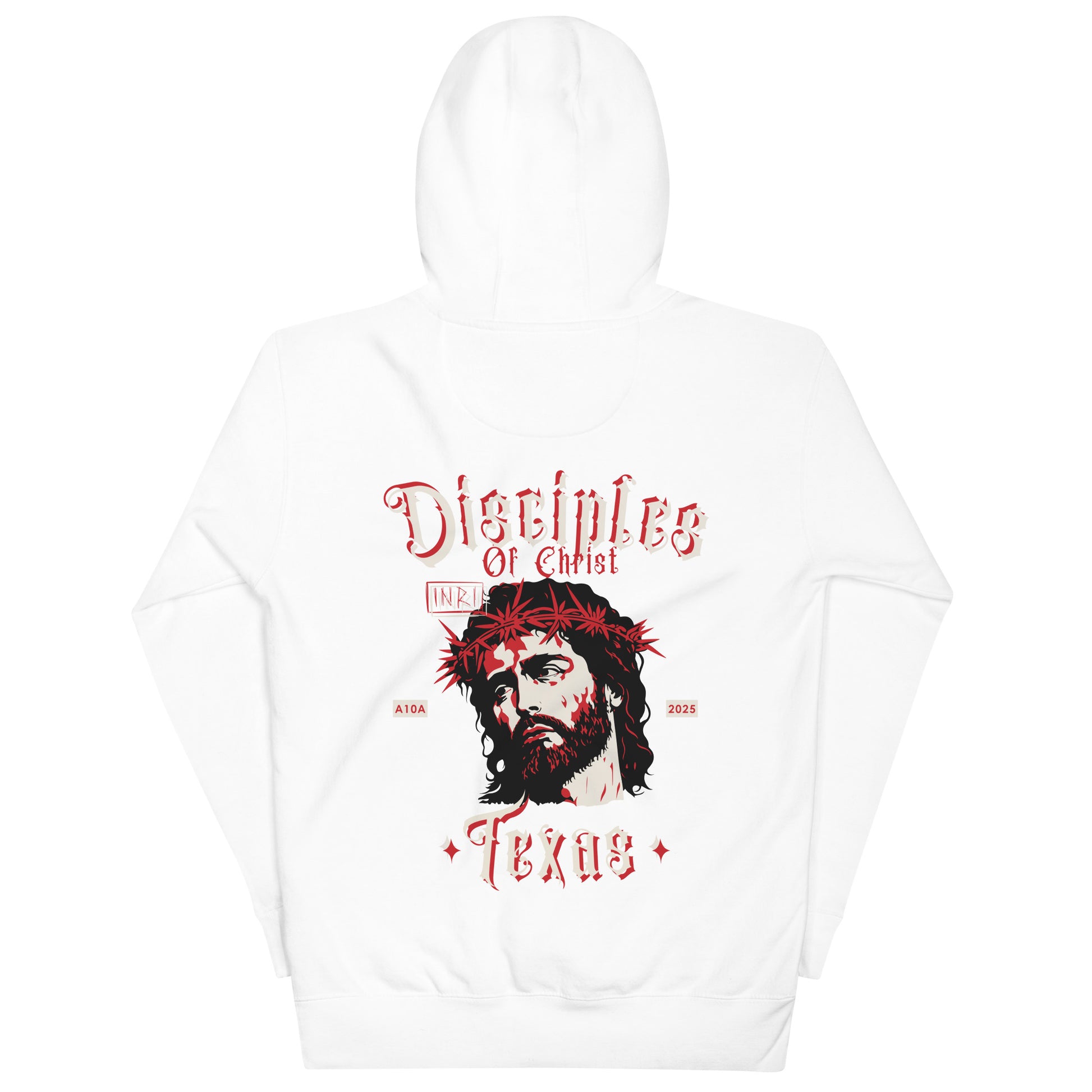 Back view of the white Disciples of Christ - Christian Biker Hoodie by ANGELS 10 APPAREL LLC, featuring striking designs perfect for Texas bikers and Christian apparel enthusiasts.