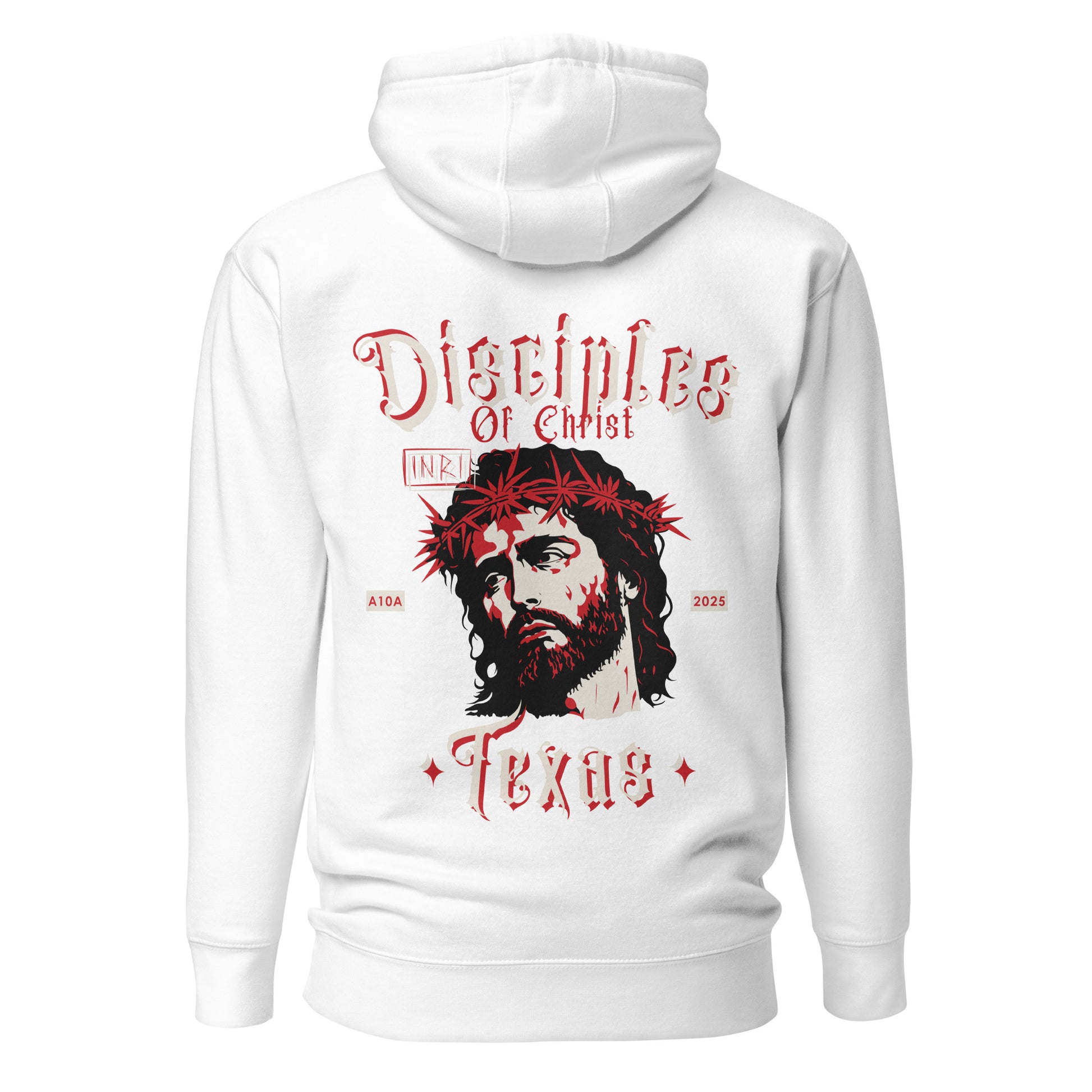 Front view of the white Disciples of Christ - Christian Biker Hoodie by ANGELS 10 APPAREL LLC, designed with Christian themes, perfect for Texas bikers and faith-based clothing lovers.