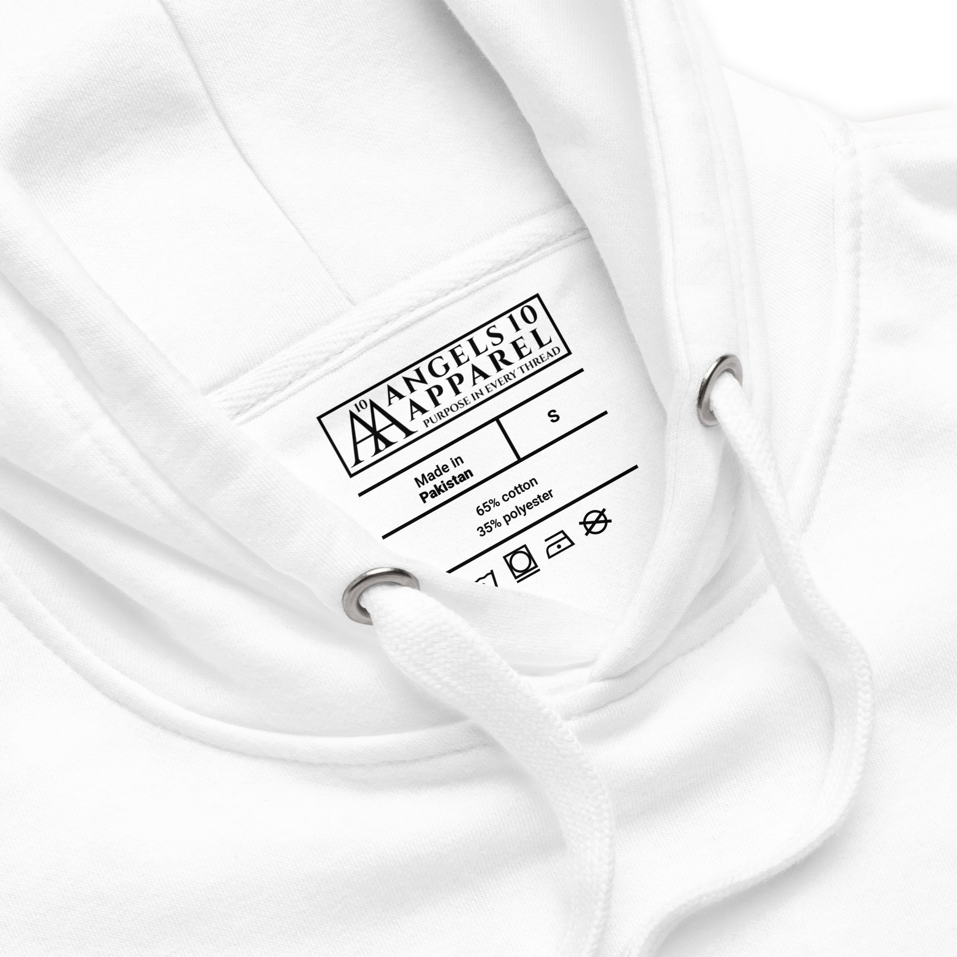 Close-up of the label inside the Disciples of Christ - Christian Biker Hoodie by ANGELS 10 APPAREL LLC, emphasizing quality for Texas bikers and followers of Christian apparel.