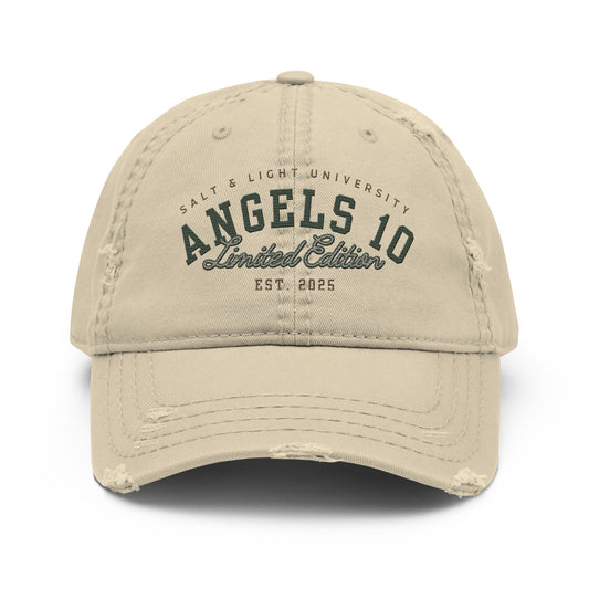 Men's Premium Quality Salt & Light Distressed Dad Hat from ANGELS 10 APPAREL LLC, featuring 'Salt & Light University Limited Edition' in a trendy distressed style, perfect for college students embracing their Christian faith and discipleship.