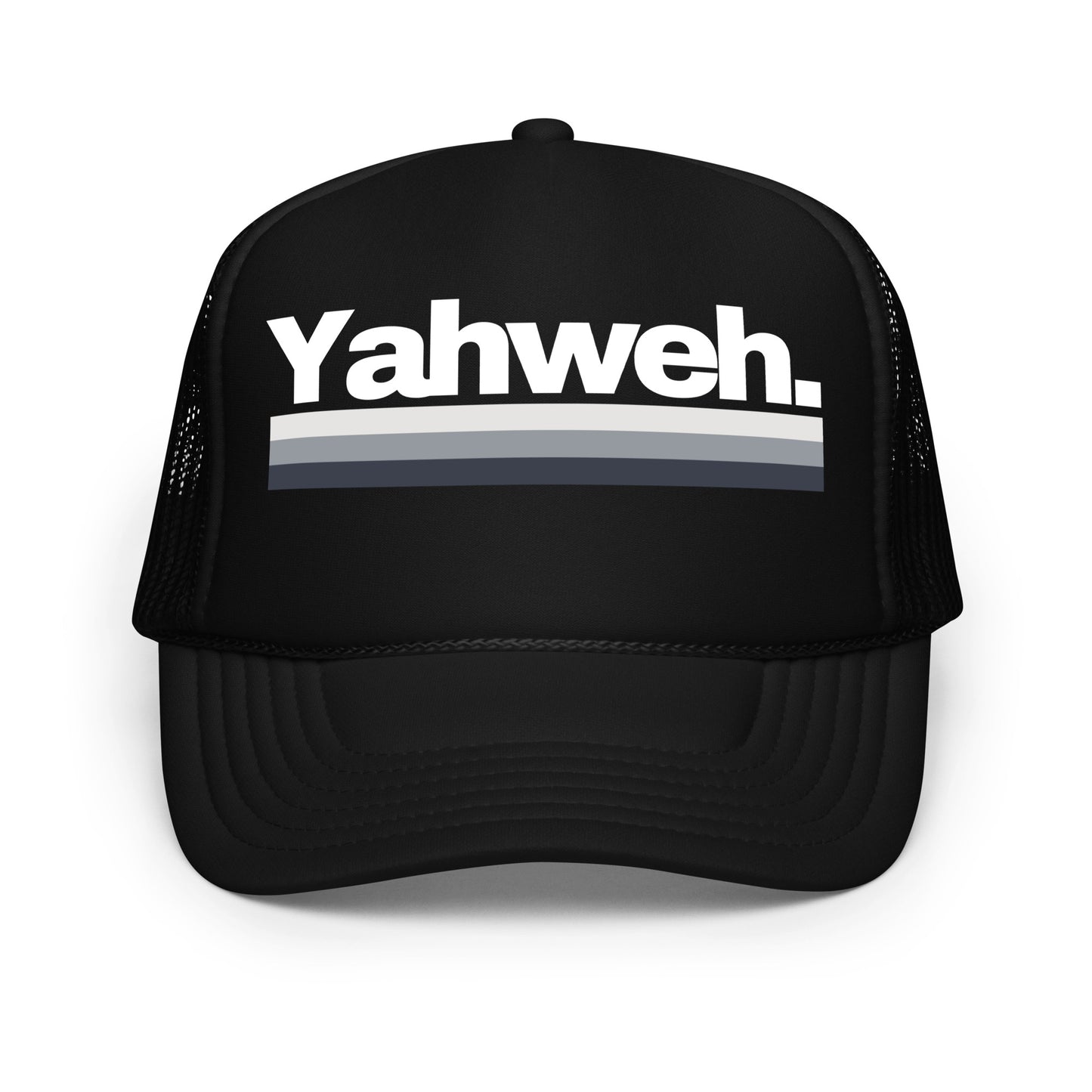Front view of the YHWH Unisex Foam Trucker Hat featuring the bold 'Yahweh.' embroidered detail in a stylish black color. A great choice for those who want to support a veteran-owned small business that embodies Christian faith and style.