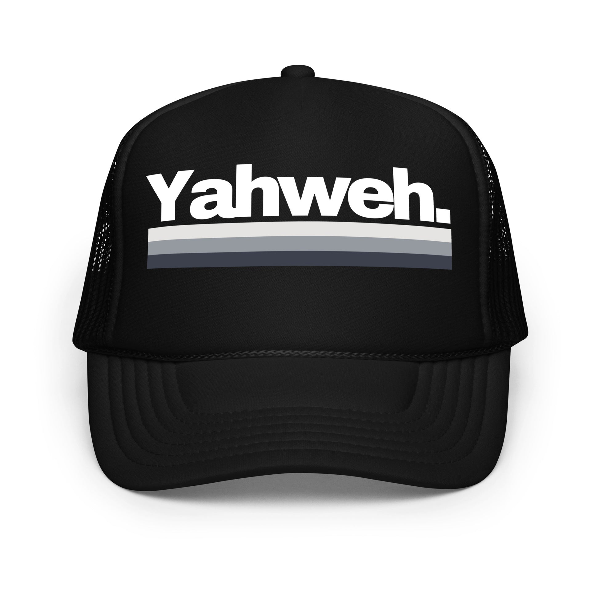 Front view of the YHWH Unisex Foam Trucker Hat featuring the bold 'Yahweh.' embroidered detail in a stylish black color. A great choice for those who want to support a veteran-owned small business that embodies Christian faith and style.