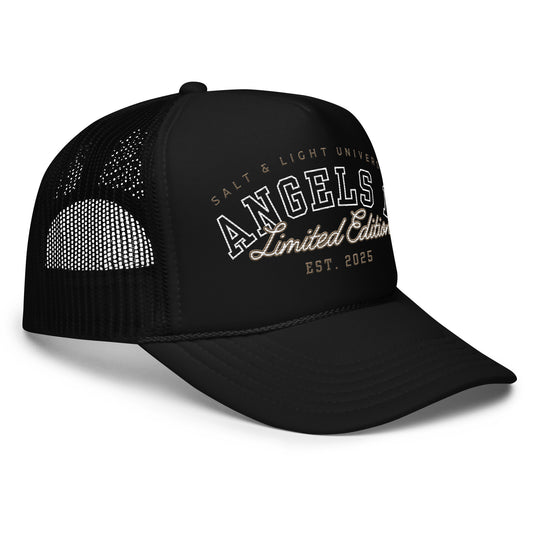 Salt & Light Unisex Premium Foam Trucker Hat in black, featuring 'ANGELS Limited Edition' print. Perfect for college discipleship and sharing your Christian faith, embodying the message of the Salt & Light of the World.