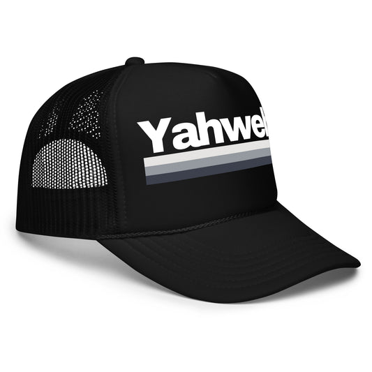 YHWH Unisex Foam Trucker Hat with Structured Fit showcasing a sleek black design, perfect for expressing your faith and style. This hat is from a veteran-owned small business and supports Christian values while keeping you comfortable.