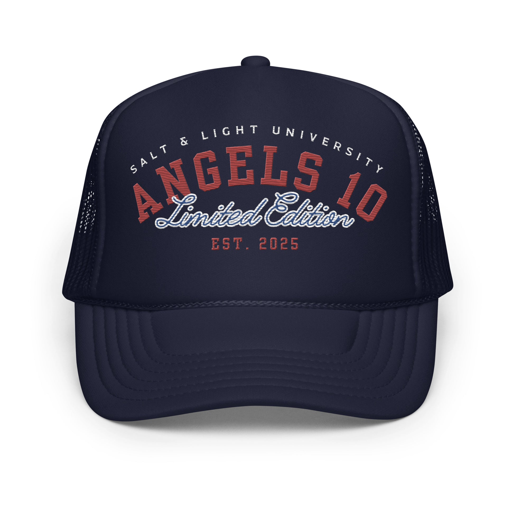 Front view of the Premium Quality Unisex Foam Trucker Hat with 'Salt & Light University' and 'Angels 10 Limited Edition', showcasing a stylish design for Christians focused on faith, discipleship, and college lifestyle.