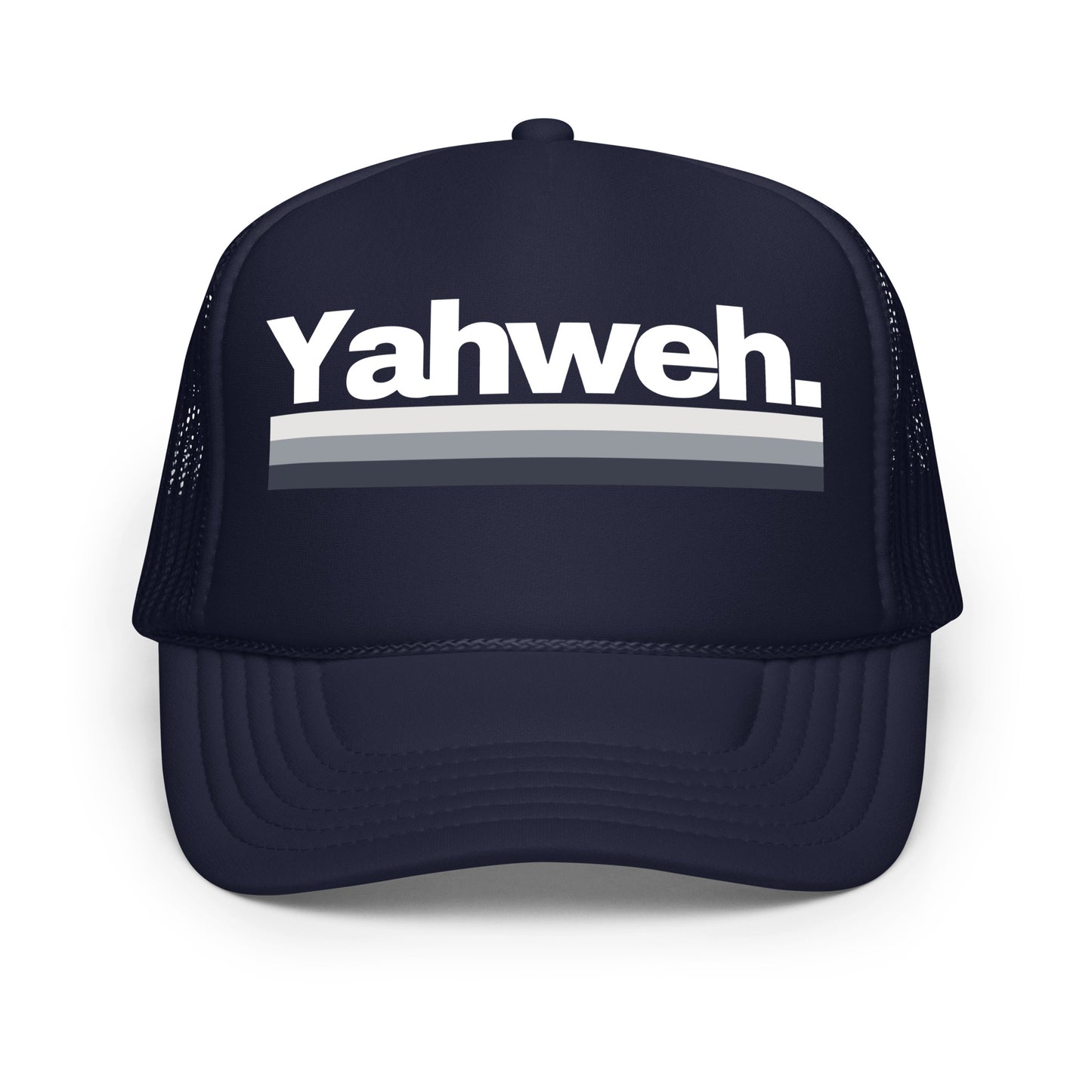 Navy version of the YHWH Unisex Foam Trucker Hat with a structured fit, displaying 'Yahweh.' in a modern design. Ideal for believers wanting to combine style and comfort while supporting a veteran-owned small business.