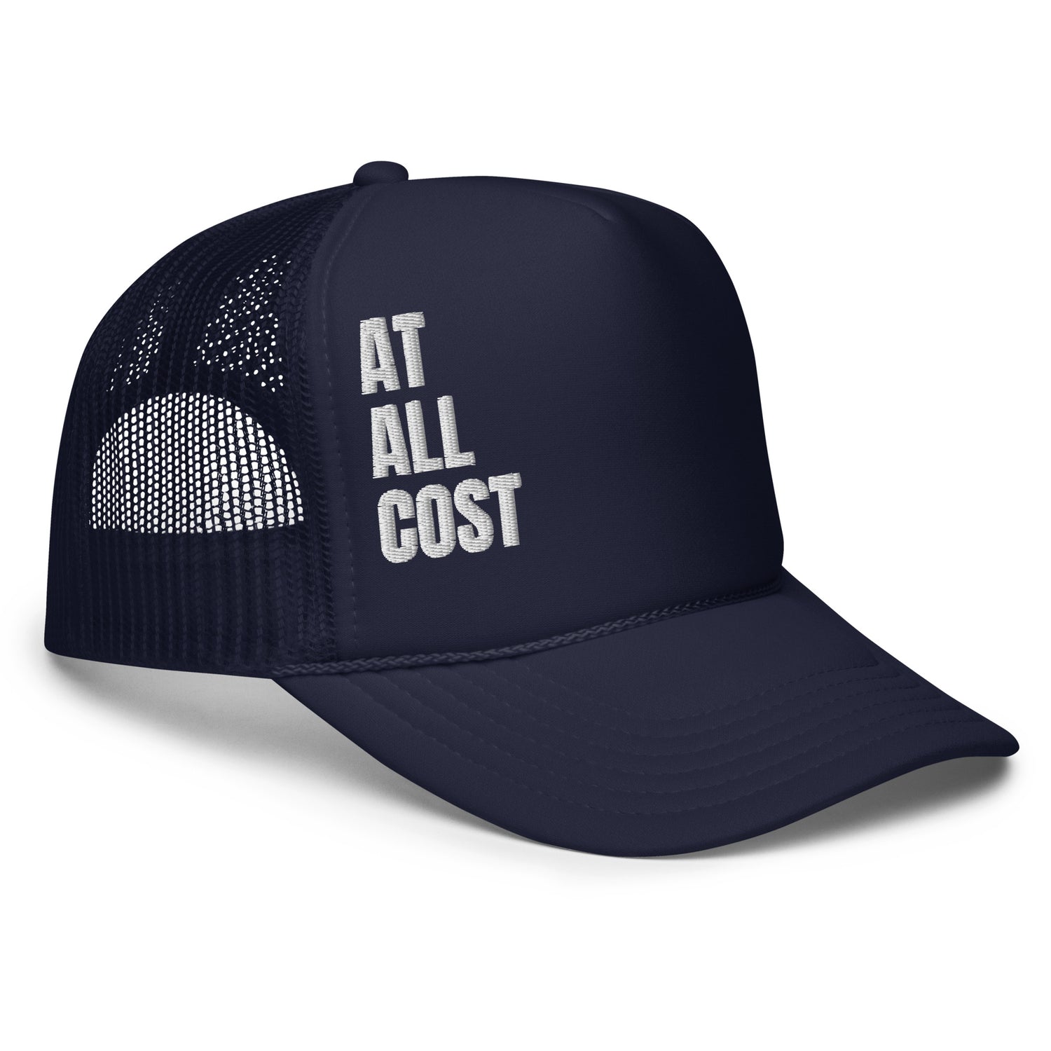 Stylish navy blue Christian Trucker hat from ANGELS 10 APPAREL LLC, part of the At All Cost Collection, featuring bold lettering. Perfect for bikers and those embracing faith and streetwear style. A10A, At All Cost Collection, Christian, Faith, streetwear, style.