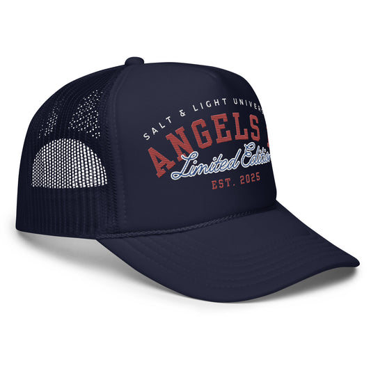 Premium Quality Unisex Foam Trucker Hat featuring the message 'Salt & Light of the World' designed for Christians emphasizing faith and discipleship, perfect for college wear.