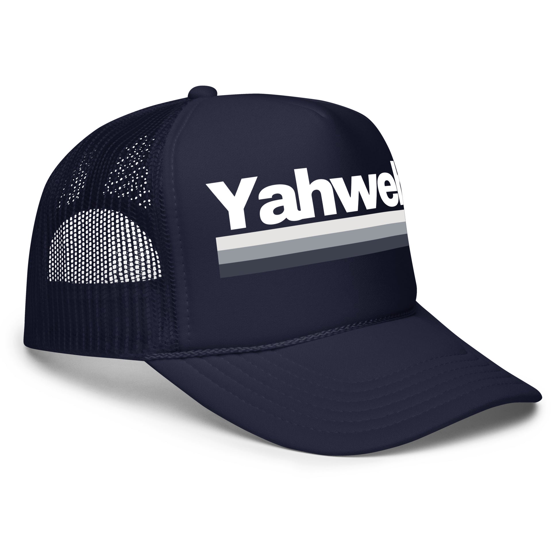 YHWH Unisex Foam Trucker Hat with structured fit and embroidered detail, perfect for showing off your faith and style. Support this veteran-owned small business with a unique look that reflects your beliefs.