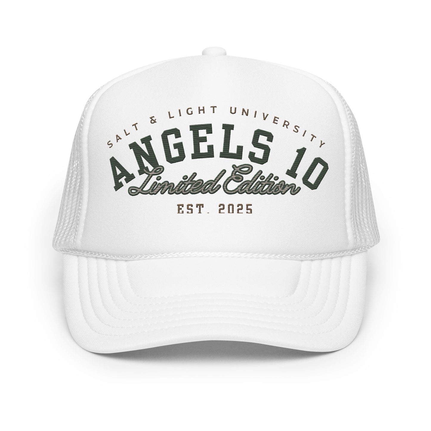 Close-up view of the Salt & Light Unisex Foam Trucker Hat, featuring a stylish design and adjustable fit. This hat represents Christian discipleship, perfect for showing faith as a beacon of positivity in college life and beyond.
