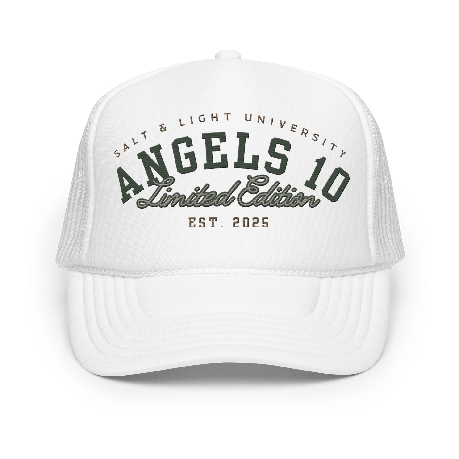 Close-up view of the Salt & Light Unisex Foam Trucker Hat, featuring a stylish design and adjustable fit. This hat represents Christian discipleship, perfect for showing faith as a beacon of positivity in college life and beyond.