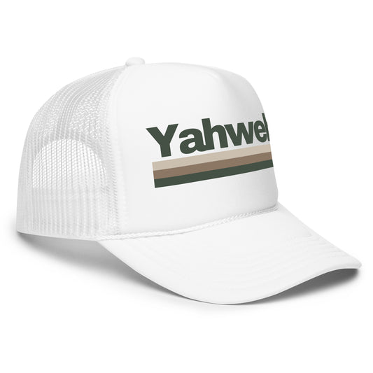 YHWH Unisex Foam Trucker Hat showcasing minimalist design and embroidered name of God, perfect for expressing your christian faith. This stylish headwear from a veteran-owned small business supports individual identity and purpose.