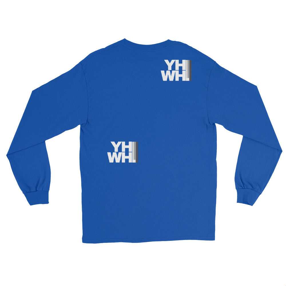 YHWH Long Sleeve Shirt for Men in vibrant blue, featuring a bold faith statement on the back. Perfect for showcasing your beliefs with a comfortable fit. Ideal for everyday style and supporting a veteran-owned small business.