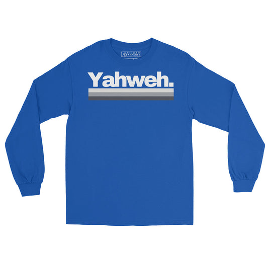 YHWH Long Sleeve Shirt for Men in vibrant blue, showcasing a bold 'Yahweh.' print. Made from 100% cotton for a comfortable fit, this shirt serves as a stylish expression of faith and a perfect addition to any wardrobe. Ideal for those supporting a veteran-owned small business and a meaningful way to showcase your style and beliefs.