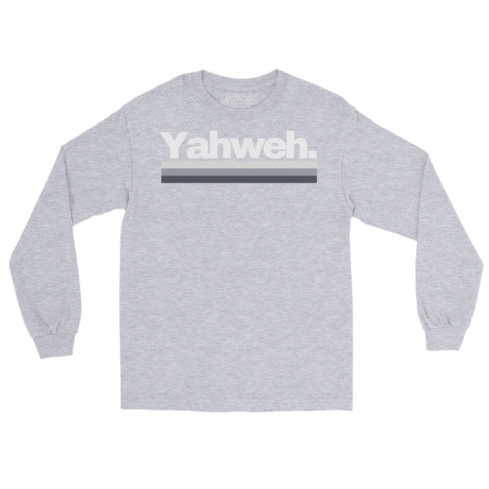 YHWH Long Sleeve Shirt for Men in light gray, displaying 'Yahweh' in a modern design. This shirt combines comfort and faith for versatile styling, promoting support for a veteran-owned small business.