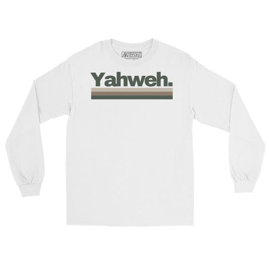 YHWH Men's Long Sleeve Tee in white, featuring a stylish Yahweh graphic, perfect for showcasing your faith. Ideal for everyday wear, supporting a veteran owned small business with stylish attire.